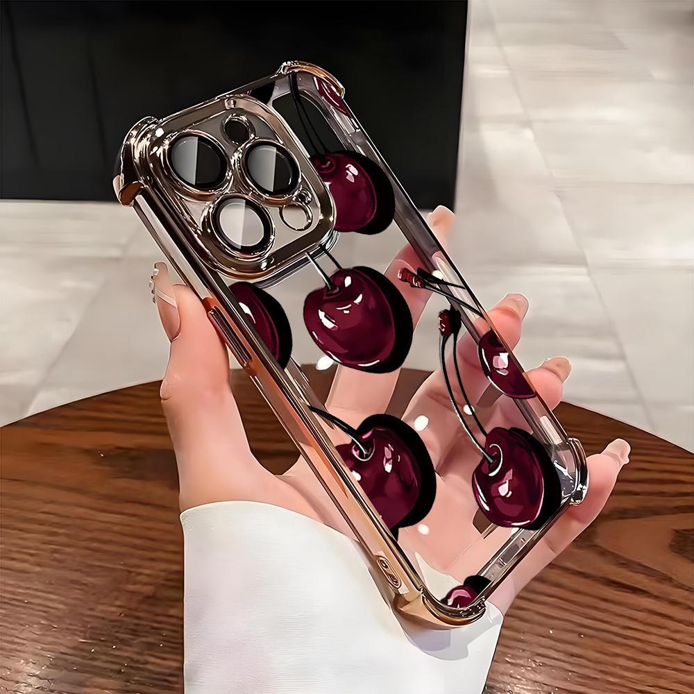 Fashion Cherry Pattern Electroplated AntiDrop Clear Phone Case For Samsung Galaxy S25 Ultra S24 S23 S22 S21 Plus FE Clear Cover
