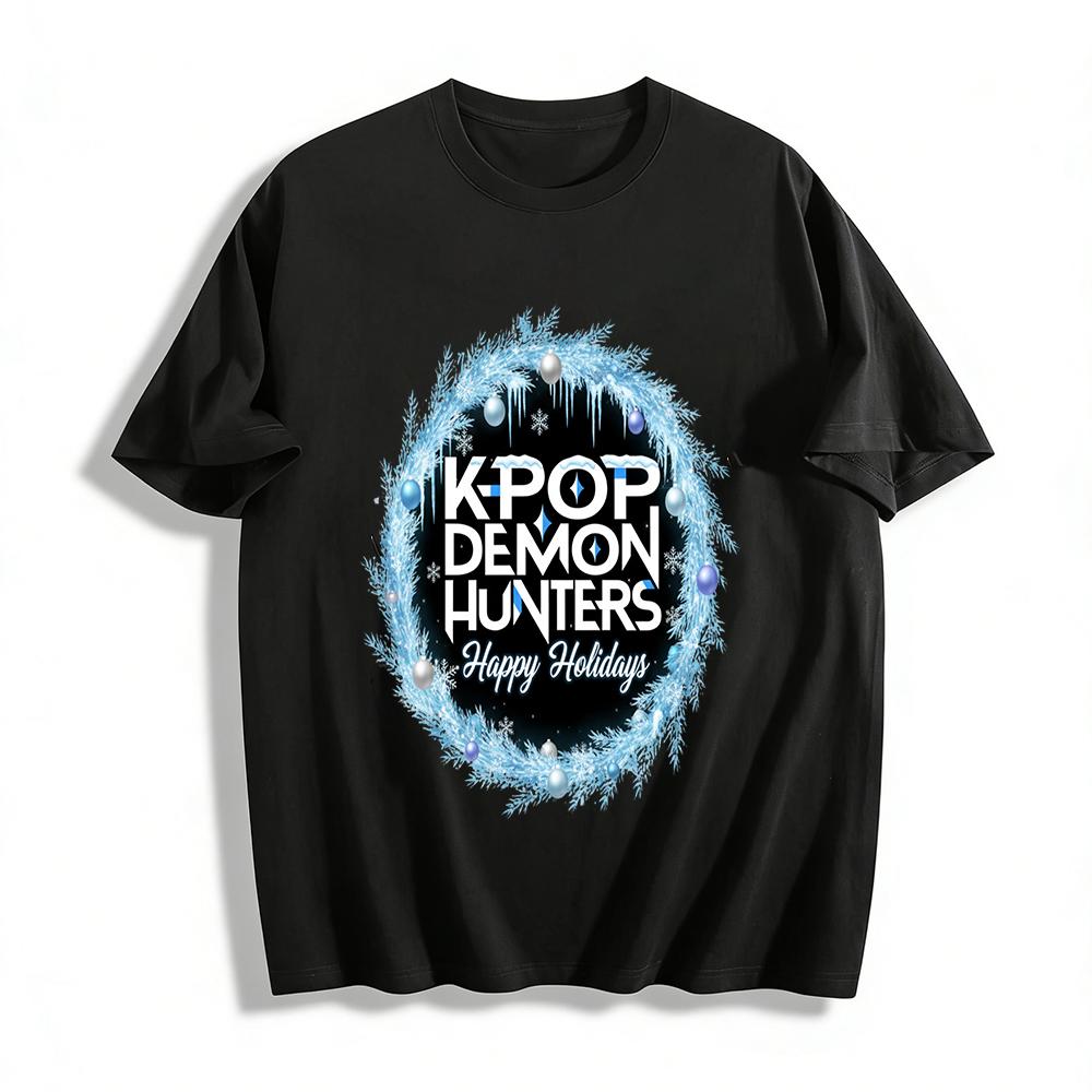 

KPOP Demon Hunters Holiday Themed Sweatshirt Winter Frost Wreath Print K-pop Fan Top Pure cotton T-shirt XXS