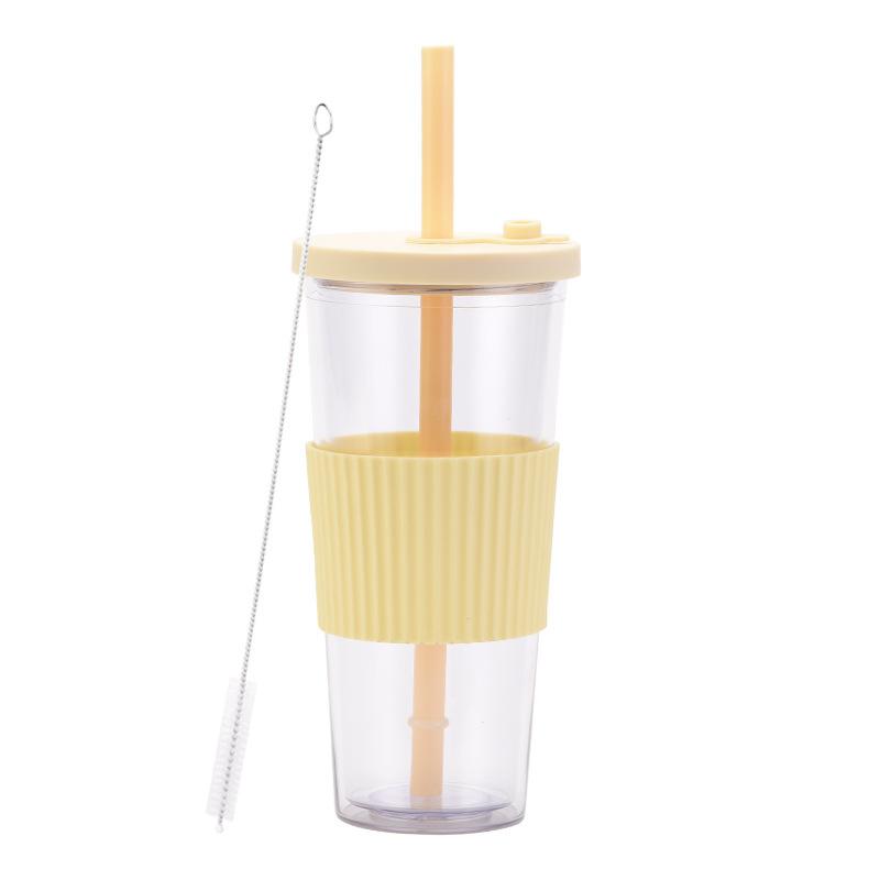 2025 Large Capacity Double Layer Plastic Cup Large Hole Straw Pearl Boba Milk Tea Cup Portable Outdoor Straw Cup