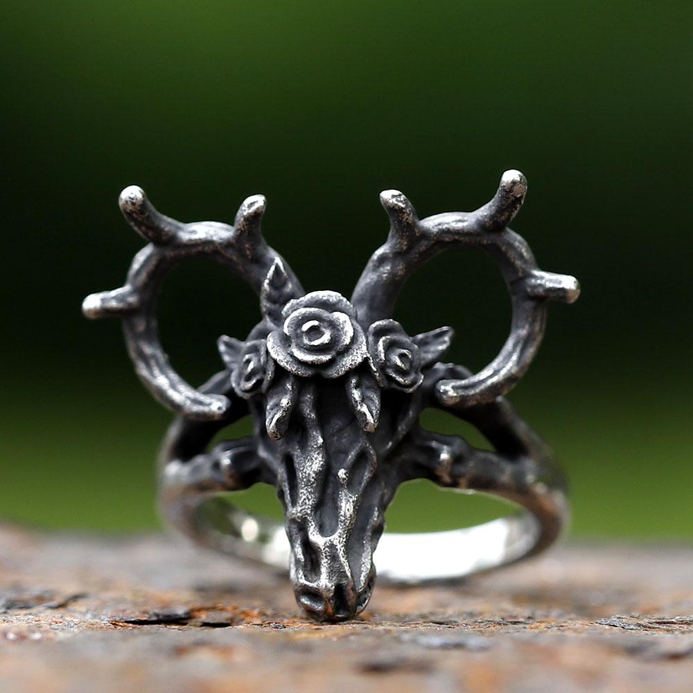 

2025 New Creative Design Stainless Steel VIKING Horned Deer Ring Flower Ring Couple Ring For Women Men Cute Jewelry for gift 9