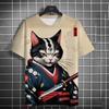 Summer Men's Fashion Casual Print Men's Cat Warrior Guard with Knife Art Print Hooded T-Shirt Round Neck Street T-Shirt Top