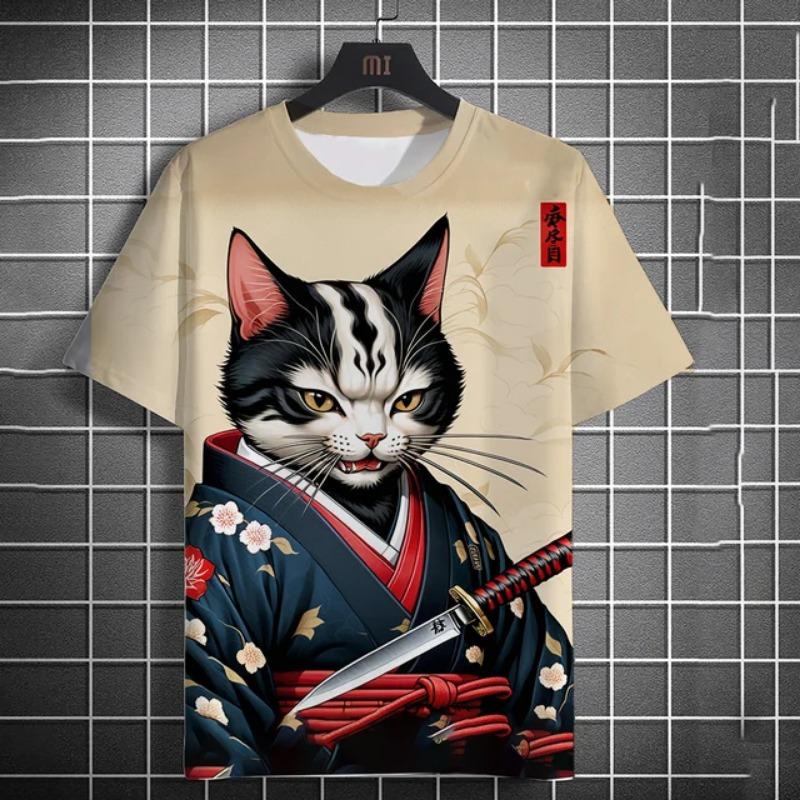 Summer Men's Fashion Casual Print Men's Cat Warrior Guard with Knife Art Print Hooded T-Shirt Round Neck Street T-Shirt Top