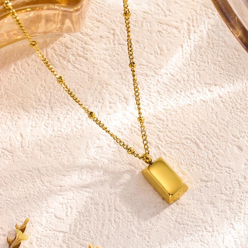 Geometric Gold Beaded Titanium Steel Clavicle Necklace with Square Pendant for Women