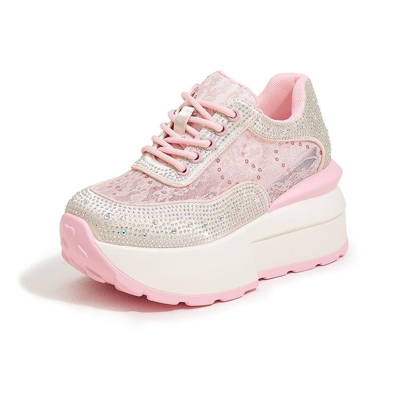 Platform white shoes women's 2025 summer new rhinestone hollow mesh sandals inner height increase versatile Forrest Gump casual shoes