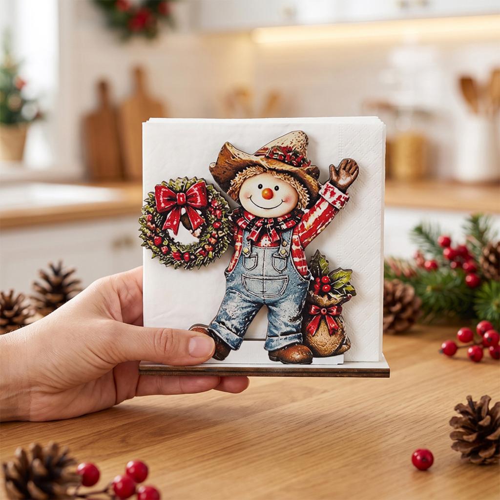 Christmas Wooden Napkin Holder with 3D Snowman Design, Festive Holiday Tabletop Decor for Dining and Kitchen