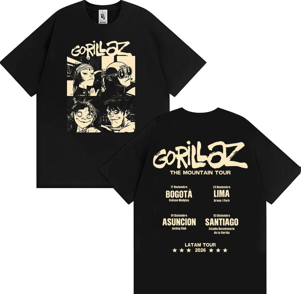 Band Gorillaz The Mountain Tour 2026 T Shirts Men Women Vintage Hip Hop Pop Music Tshirts Summer Tops Casual T Shirt Streetwear