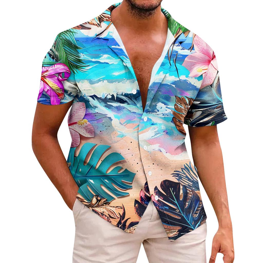 Camasa Pentru Barbati Moda Casual Vara Maneca Scurta Imprimata Nasturi Tricou Top