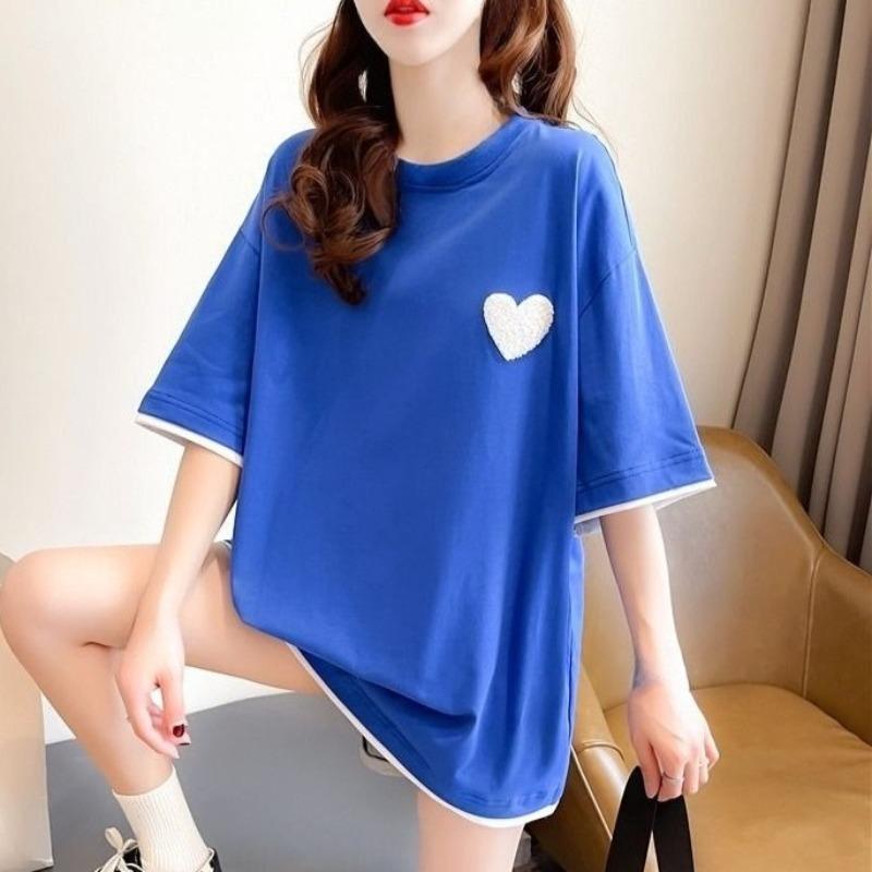Ladies' Fake Two T-shirts Female Contrasting Color Round Neck Short Sleeved Blouse Summer New Korean Loose Versatile Top