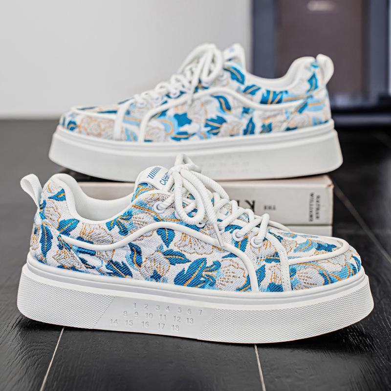 Spring Shoes for Men Canvas Casual Platform Shoes Trend Flowers Print Flat Skateboard Shoes Youth Lace-up Sneaker