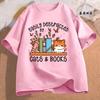 Easily Distracted By Cats & Books Tees Tops  Floral Cat Shirt Women Fashion Tshirt Oversize Summer Tshirt Short Sleeves Clothing