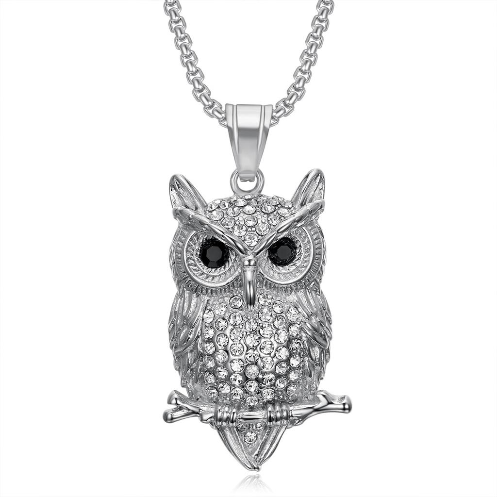 Neuer Hip-Hop Schmuck Titanstahl Vergoldet Diamantbesetzt Eulen Anhänger Halskette