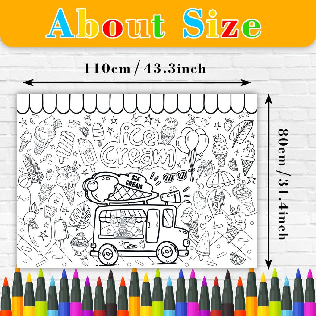 Paper Table Cloth For Coloring, Creative Children's Activities,Summer Party Children's Ice Cream Painting Coloring Poster, Excluding Paintbrushes,