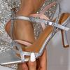 Fashion 2025 Summer Fashion Rhinestones Strap Ankle Women Gladiator Sandals Concise Square toe Stiletto High heels Silver Sandals Shoes