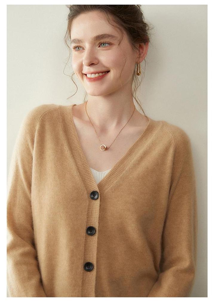 Women's Autumn/Winter Twelve-Needle V-Neck Cashmere Cardigan - Skin-Friendly, Slimming Knit Outerwear Sweater