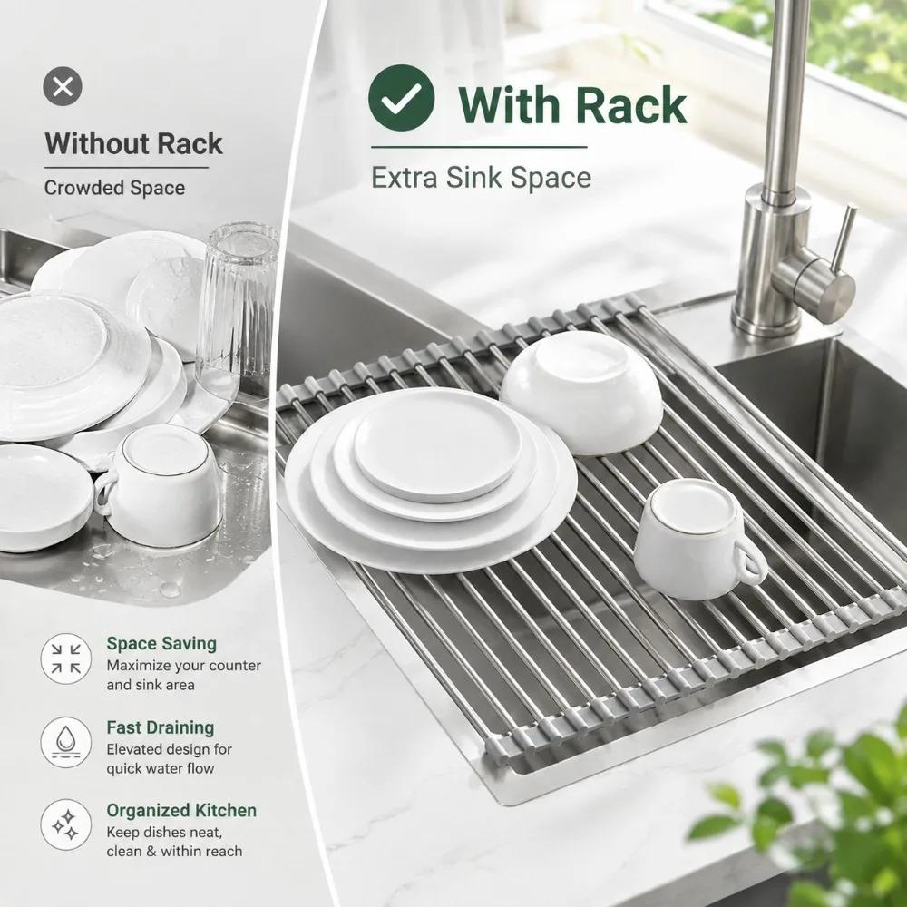 1PC Stainless Steel Sink Drainer Foldable Roll Up Dish Drying Rack Shelf for Plates Bowls Fruit and Kitchen Tableware Storage