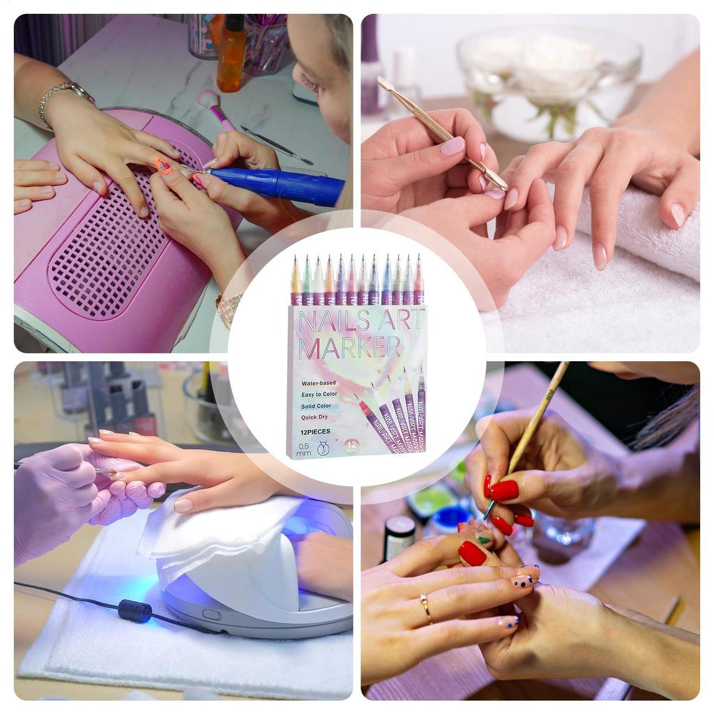 12 Colors Nails Art Markers Gel Polish Pens for Beginners DIY Manicure Design Salon Professional Nail Painting Kit with Fine Tip