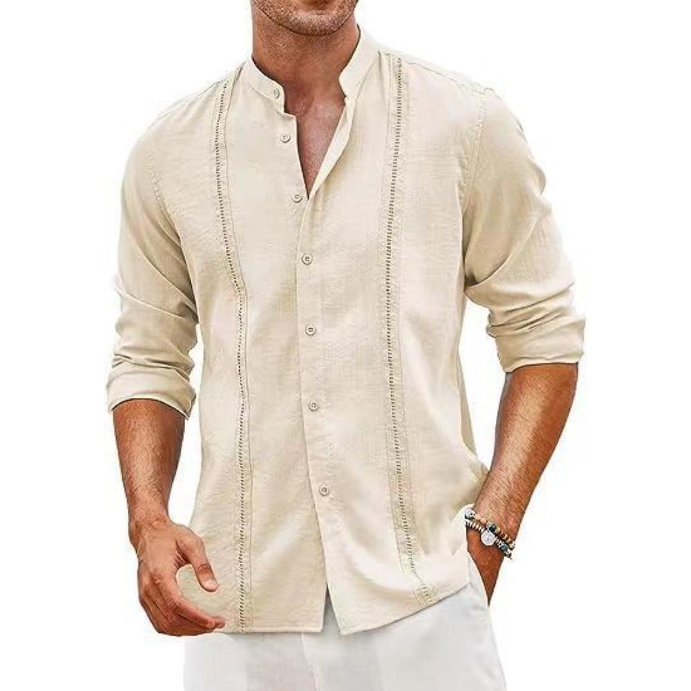 Men s Cotton and Linen Solid Color Casual Long Sleeved Shirt S хаки