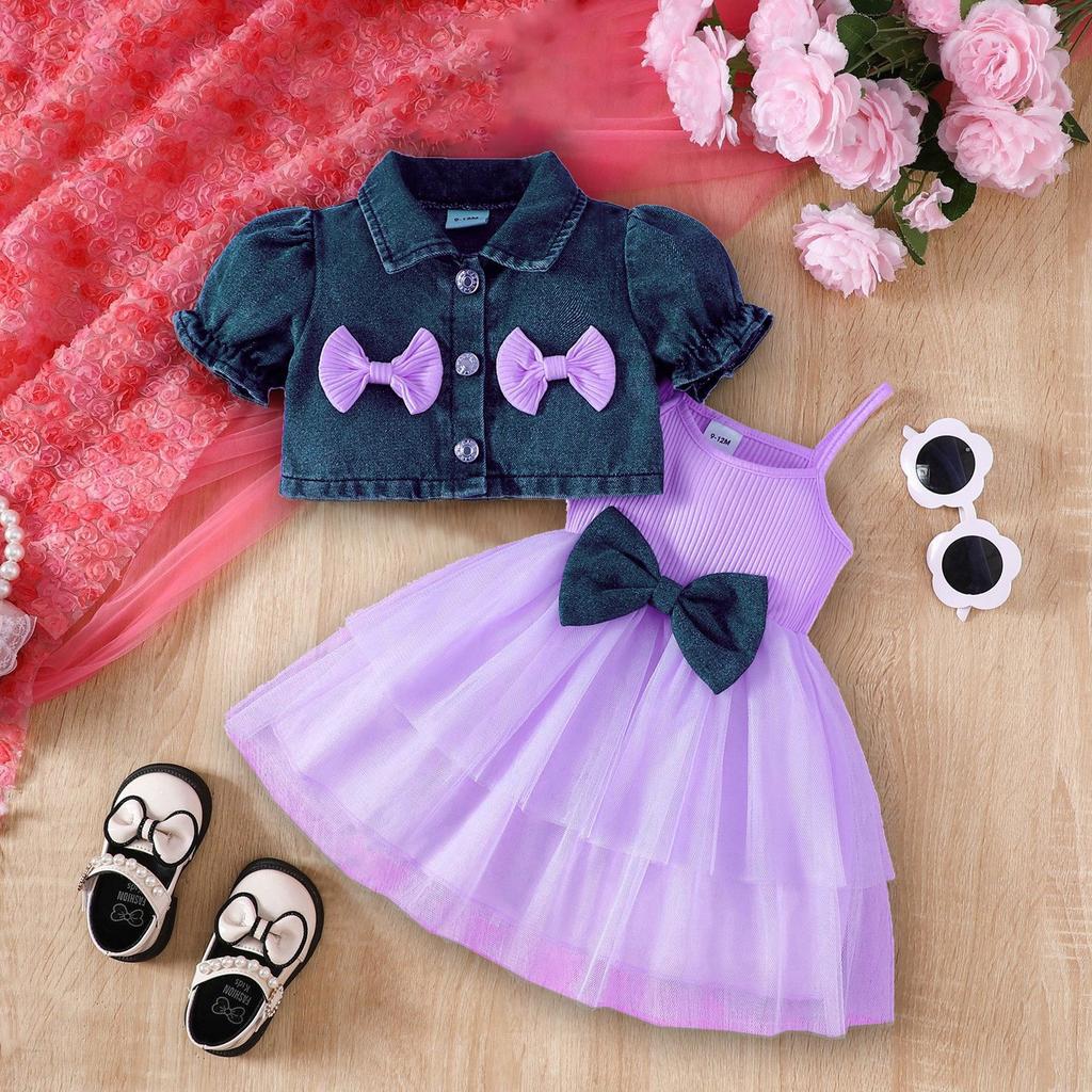 بدلة فستان طفلة حلوة صيفية طفلة 6 أشهر - 3 سنوات بدلة جاكيت جينز قصير + تنورة توتو شبكية بحمالة عنق