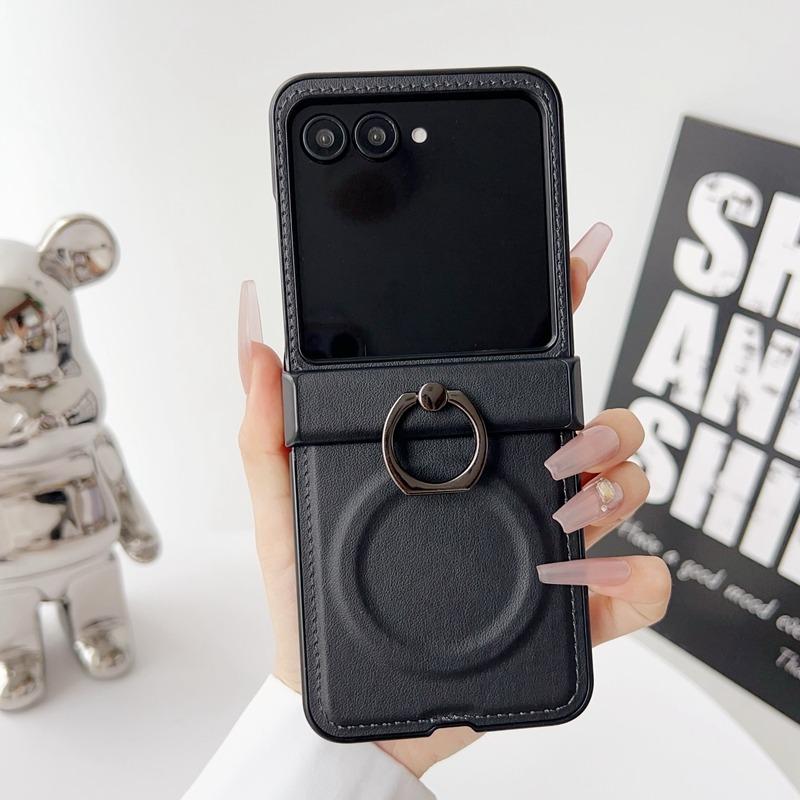 Ring Holder Leather Case for Samsung Galaxy Z Flip 7 6 Zflip 3 4 Magnetic Bracket Stand Matte Shockproof Cover