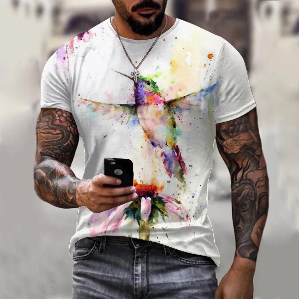 T-shirt Men's 3D Printed Bird Animal Ink Painting Pattern Summer Men And Women Fashion Casual Oversized Crew Neck T-shirt Top