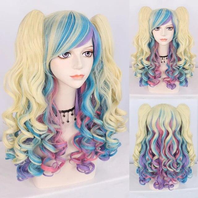 Parrucca Cosplay sintetica lunga colorata riccia per ragazze Lolita Cosplay con doppia coda di cavallo e 1 cuffia per parrucca
