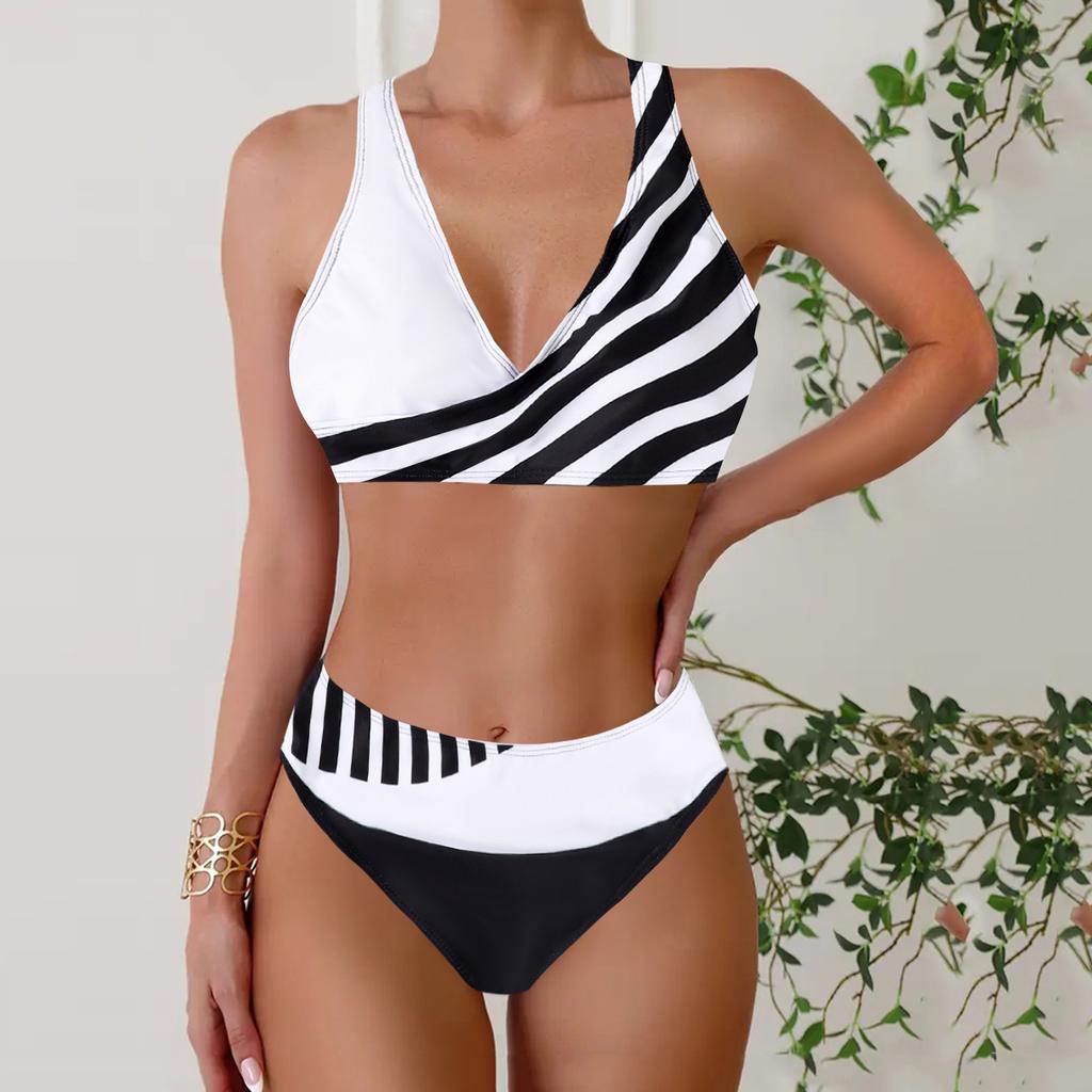 Women's Halter Half Edge Stripe Print Bikini Tankini Swimsuit
