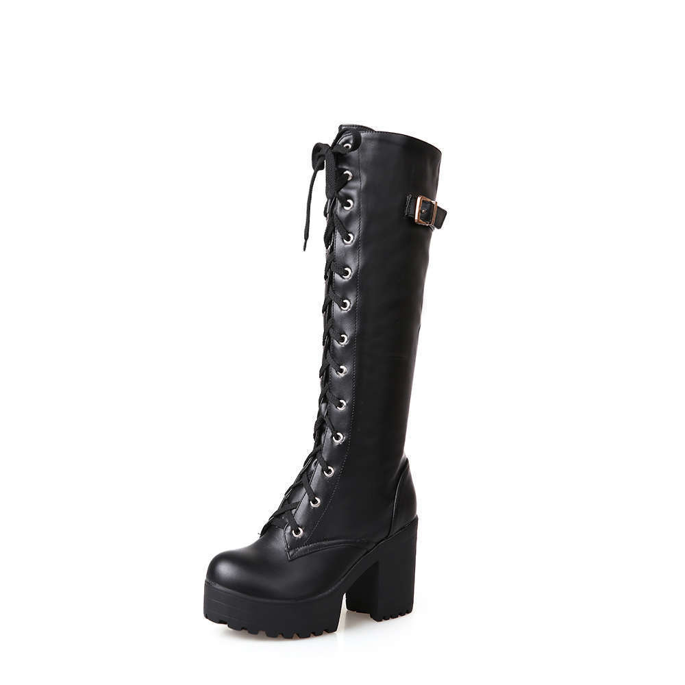 Coarse Heeled High Boots for Women Platform High-heeled Long Boots Front Strap Plus Size 40-43