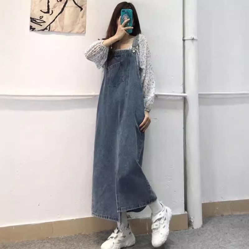 Autumn Women's Retro Loose-Fit Denim Overall Dress with Irregular Slit