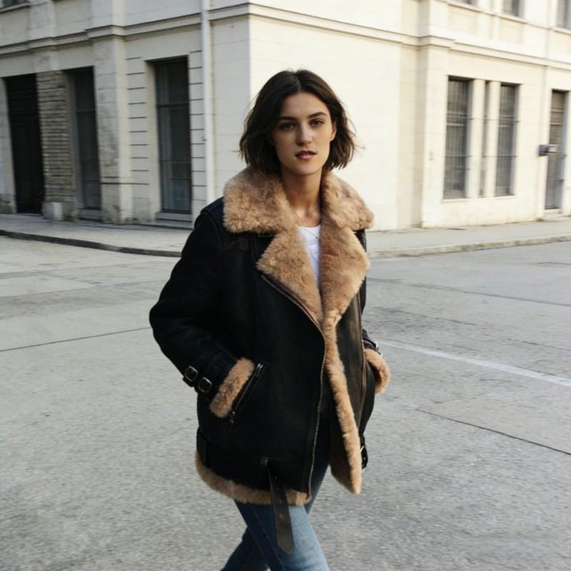 Womens Faux Leather Jacket With Sherpa Collar Oversized Streetwear Coat Long Sleeve Zip-Up Winter Outerwear
