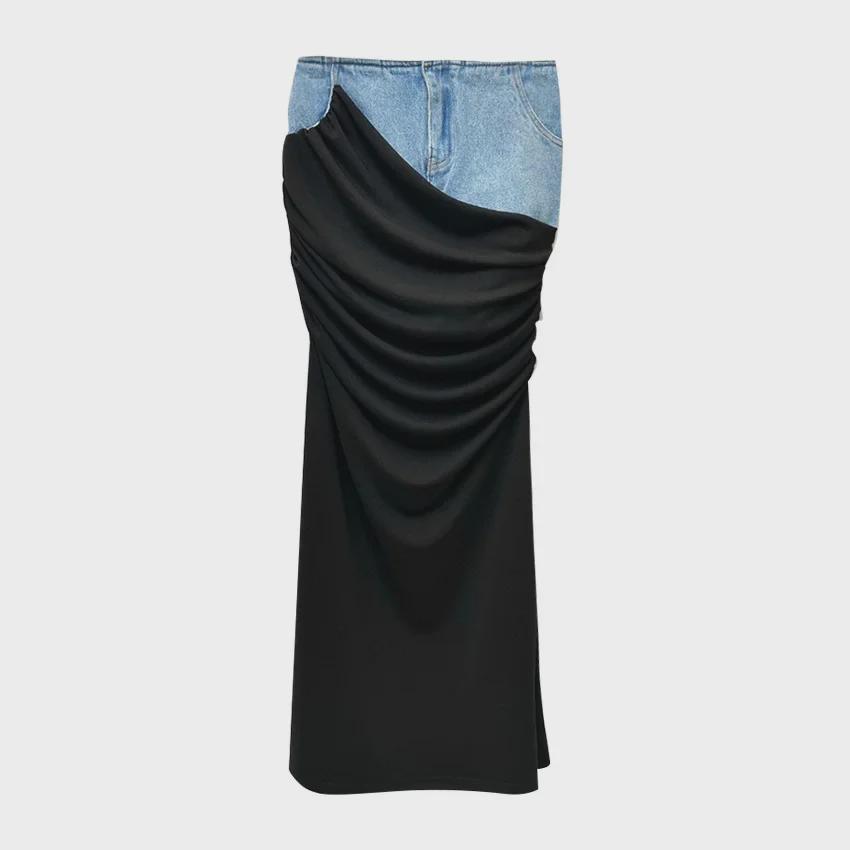 Modern Deconstructed High-Waist Black Pleated Denim Skirt with Spliced Design for Women