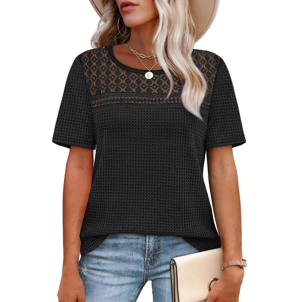 Fashionable Women's Mesh Hollow-Out Breathable Versatile Round Neck Short-Sleeve T-Shirt Top