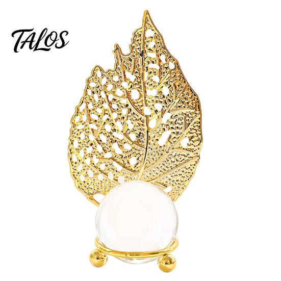 Light Refraction Ornament Faux Crystal Ball with Gold Leaf Stand, Metal Statue Clear Sphere Transparent Decorative for Office, Bedroom, Entryway,