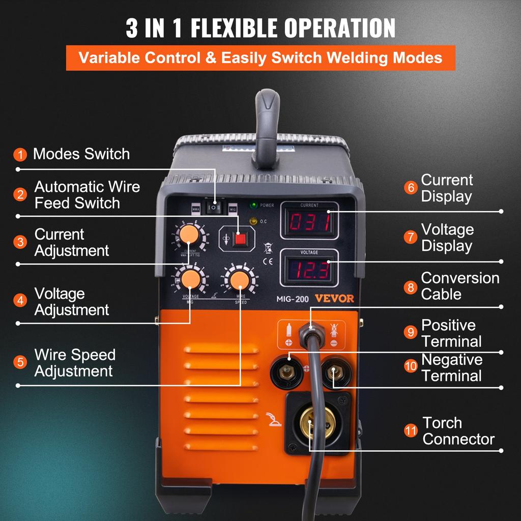 VEVOR MIG Welder 200 Amp MIG TIG Arc Welder 3 in 1 Welder Welding Machine 220V TIG Welder Lift ARC Welder MMA Stick IGBT DC Inverter Welder Digital