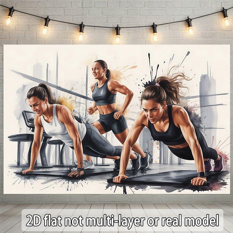 2D flat banner depicting a woman exercising in a gym environment suitable for various occasions.PMJ