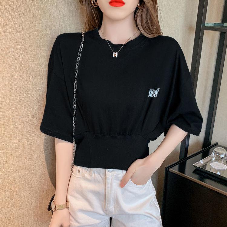 

Летняя женская футболка с короткими рукавами, рукавами «летучая мышь» и высокой талией XL чёрный