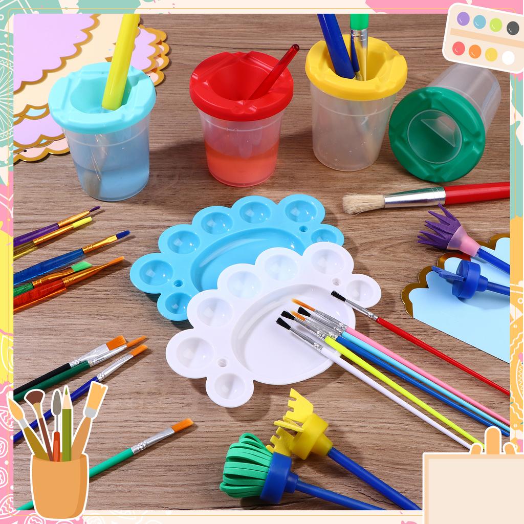 34Pcs Kids Painting Brushes Set Spill-Proof Paint Cups With Lid Paint Brushes Palette Tray Brush Ideal For Watercolour School Pr