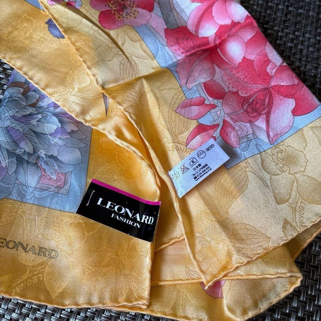 Used LEONARD Large Handkerchief Scarf Floral Pattern Yellowish 58cm