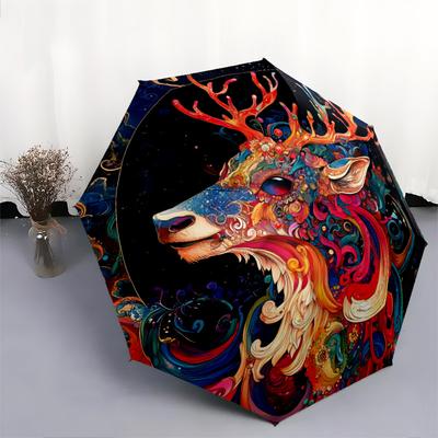 0106 Colorful Deer Pattern, Automatic Folding Umbrella, Portable and Foldable Design, 8 Ribs, a Christmas or Birthday Gift.