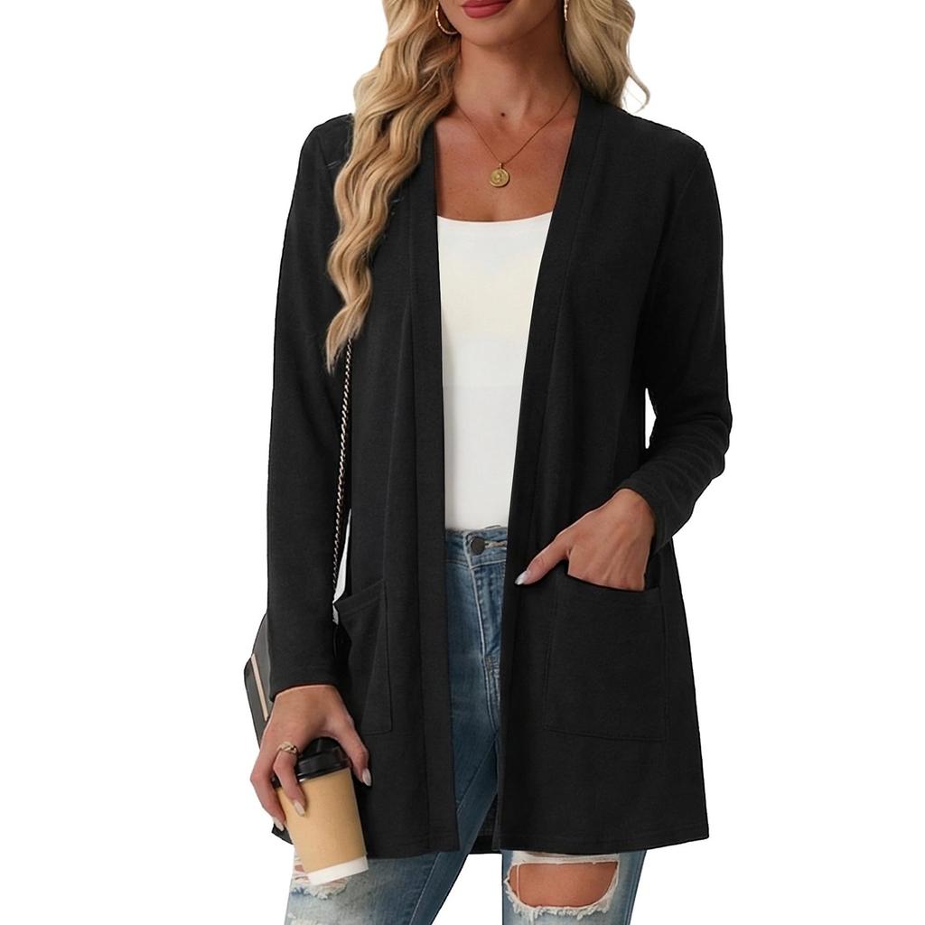Cardigan da Donna a Maniche Lunghe Aperto Davanti Maglione Leggero a Maglia Tasche Capospalla Casual Top da Sovrapporre