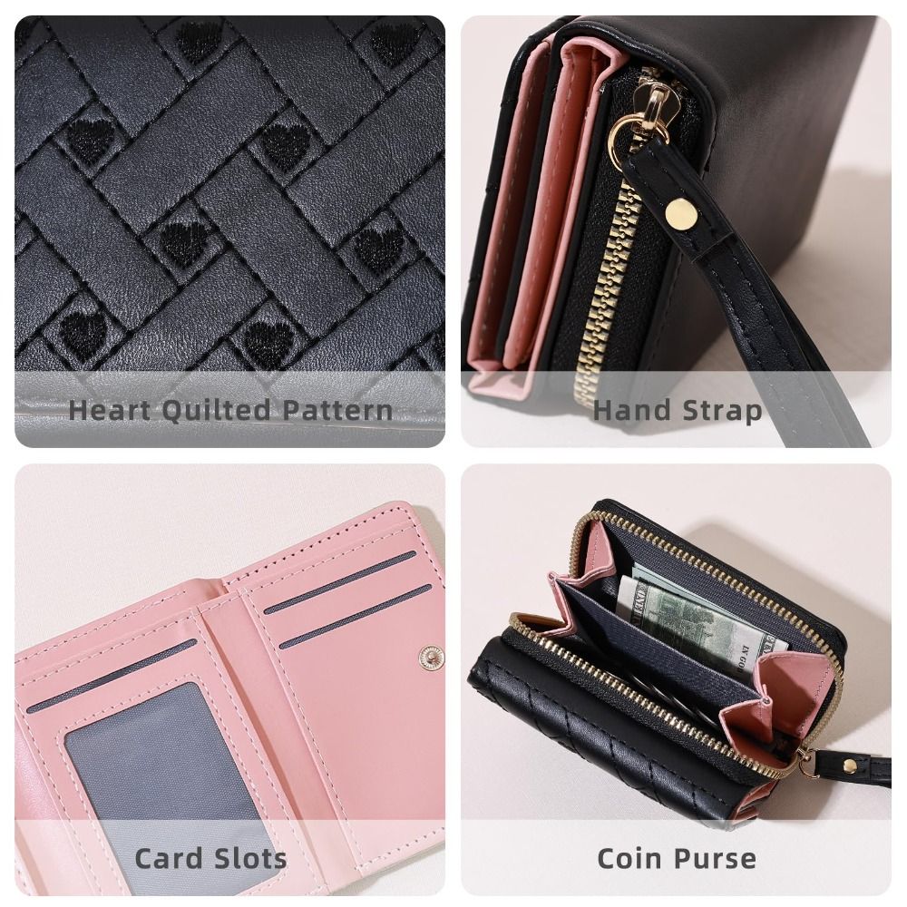 Fashion Short Style Love Embroidered Wallet PU with Zipper Card Bag Simple Design Buckle Detail ID Bag Women