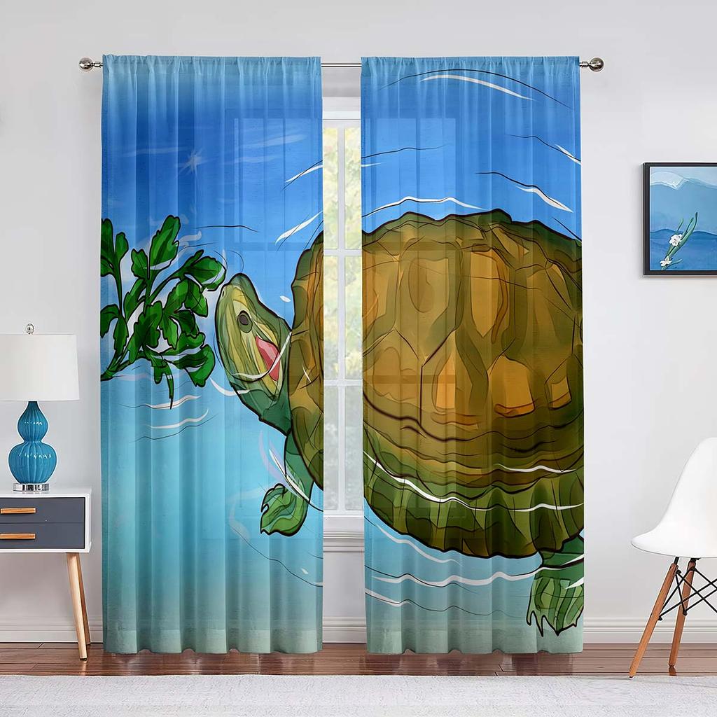 Cartoon Sea Turtle Tulle Curtains for Living Room Decoration Marine Animals Ink Blue Chiffon Sheer Voile Kitchen Bedroom Curtain