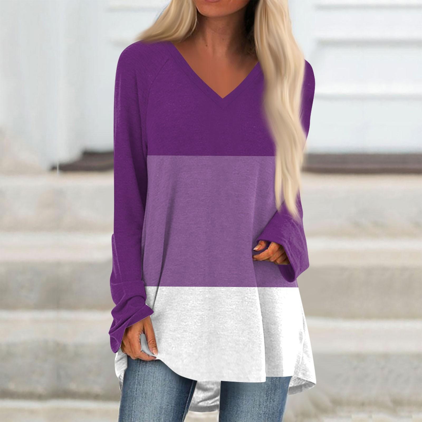 Женская и зимняя футболка с длинными рукавами и V-образным вырезом в стиле колор-блок — фото 10