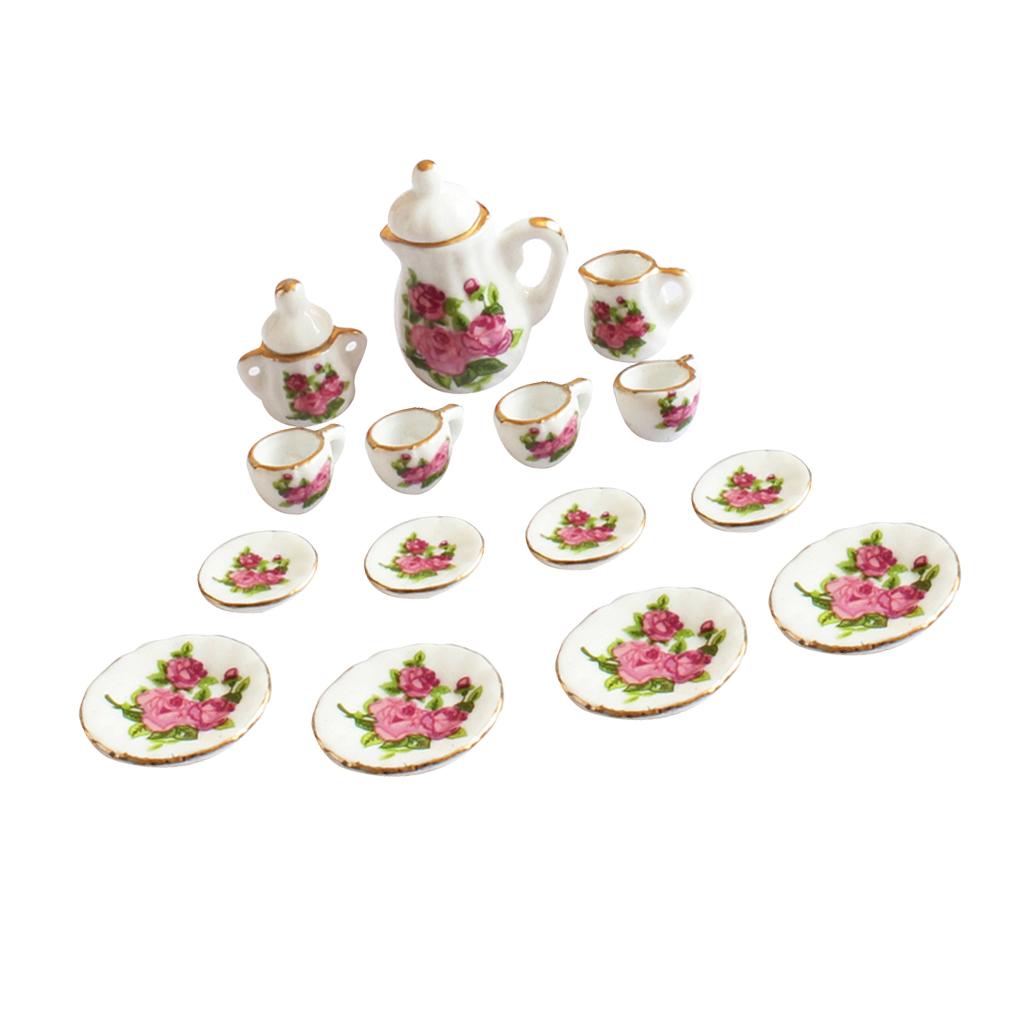 1/12 Dollhouse Miniature Dining Ware Porcelain Tea Set Dish Cup Plate Pot 15Pcs White+Pink/Green