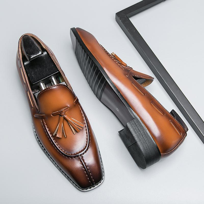 Brown Loafers Men Dress Shoes Square Toe Tassels Slip-On Business Wedding Mens Shoes Handmade Size 38-46