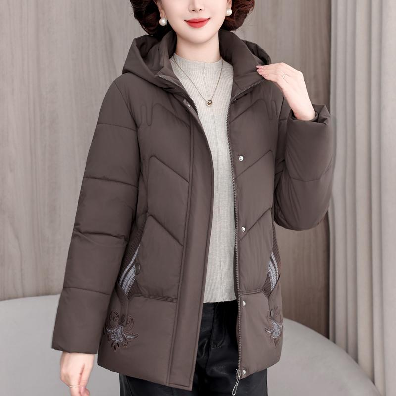 Plus Size XL-5XL Middle Age Woman Winter Coats Hooded Elegant Loose Thick Warm Embroidery Parkas Female Jacket