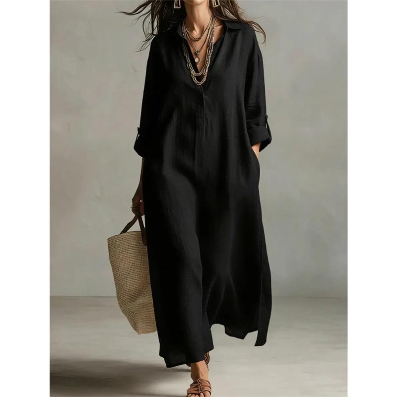 Spring And Summer Solid Color Lapel Casual Long-sleeved Shirt Long French Dress