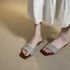 Temperament exquisite rhinestone with slippers summer wear low heel soft bottom slope heel slippers square head cool slippers