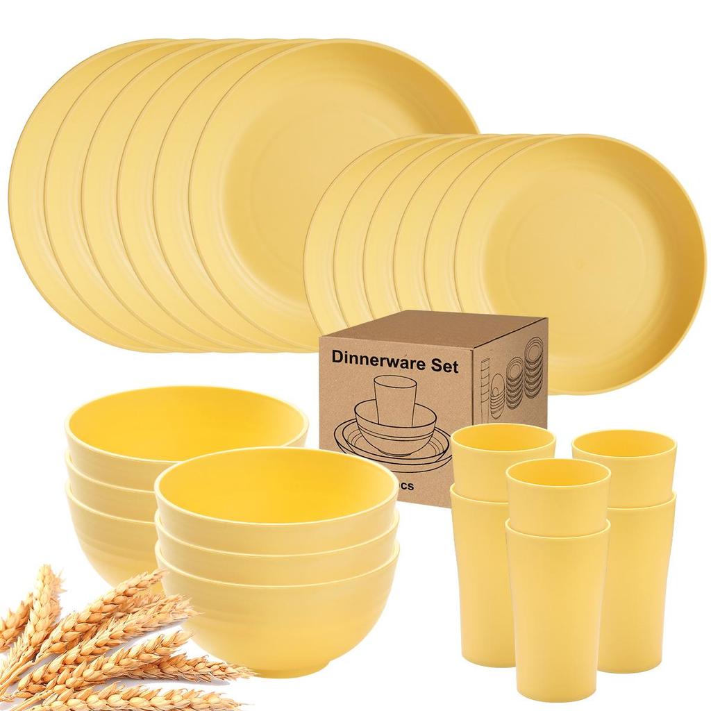 Eco-Friendly Wheat Straw 24-Piece Dinnerware Set: Plates, Bowls, Cups & Cutlery