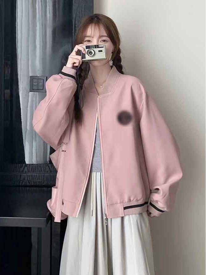 Women's Pink Retro Baseball Jacket: Casual, Loose, Slimming, Autumn/Winter College Style Outerwear.