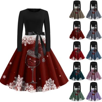 Christmas Print Flare Dress For Women Long Sleeve Dress Hollow Party Casual Dresses